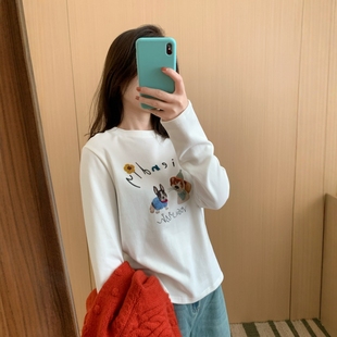 新款 T恤女2025冬季 短款 基础款 内搭 此外 打底衫 不开森狗狗加绒长袖