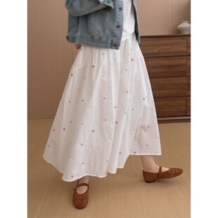 此外 淑女风裙子 重工刺绣半身裙女白色温柔气质风百搭长裙过膝款