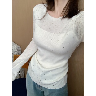 此外 烫钻修身弹力打底衫女2026春季新款气质淑女风长袖T恤韩系风