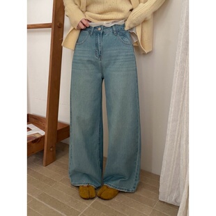 百搭休闲阔腿裤 此外浅蓝色做旧磨白牛仔裤 直筒长裤 新款 女2026春季