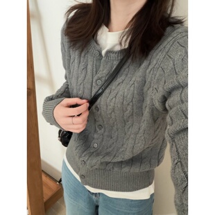 韩版 此外 新款 女2026春季 毛衣外套气质百搭上衣 圆领麻花针织开衫
