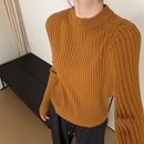 韩版 此外 新款 女2025冬季 宽松套头毛衣复古风 圆领坑条针织打底衫