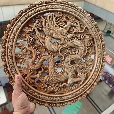木雕龙摆件圆形挂件玄关过道壁挂香樟木环保木雕镂空雕刻龙行天下