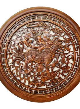 招财麒麟东阳木雕挂件香樟木头雕刻画工艺装饰品中式客厅实木质