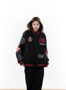 美式重磅棒球服外套女秋新款字母刺绣撞色拼接夹克宽松休闲上衣男
