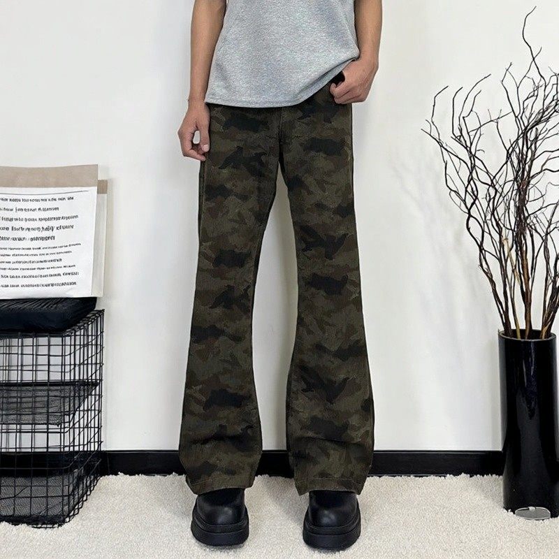 2026新款美式迷彩工装裤男高街vibe风提裆复古微喇叭弯刀牛仔裤子