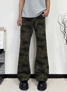 2026新款美式迷彩工装裤男高街vibe风提裆复古微喇叭弯刀牛仔裤子