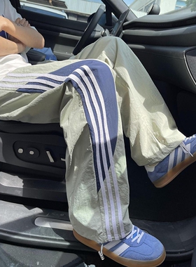春秋多巴胺速干休闲裤男潮流三条杠撞色宽松直筒美式运动伞兵裤子