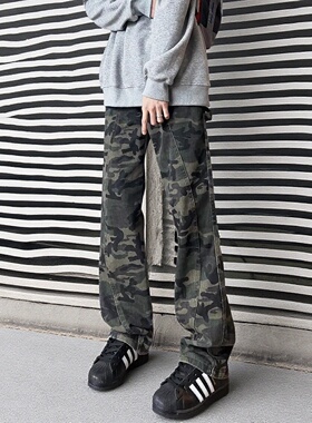 迷彩工装牛仔裤男女春秋季新款美式高街复古裤子宽松直筒阔腿长裤