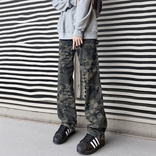 迷彩工装牛仔裤男女春秋季新款美式高街复古裤子宽松直筒阔腿长裤
