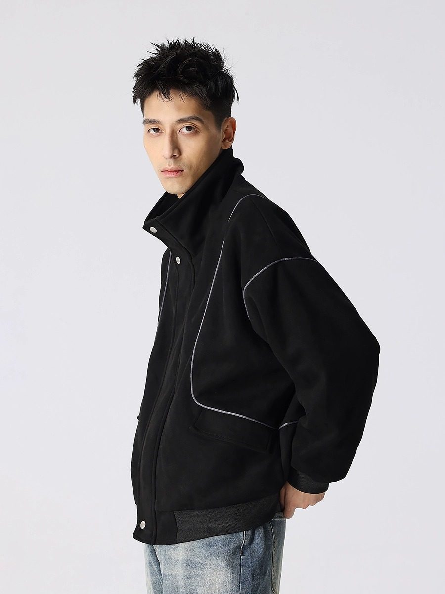 【谢彬彬同款】新因素美式麂皮宽松夹克复古街头线条织带立领外套