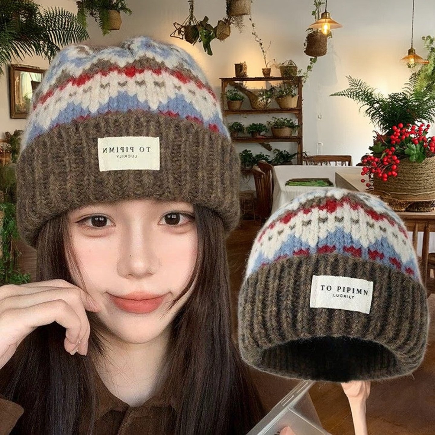 费尔岛针织保暖护耳帽女显脸小