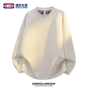 百搭休闲圆领情侣卫衣 新款 GENIOLAMODE杏色提花宽松长袖 男T恤春季