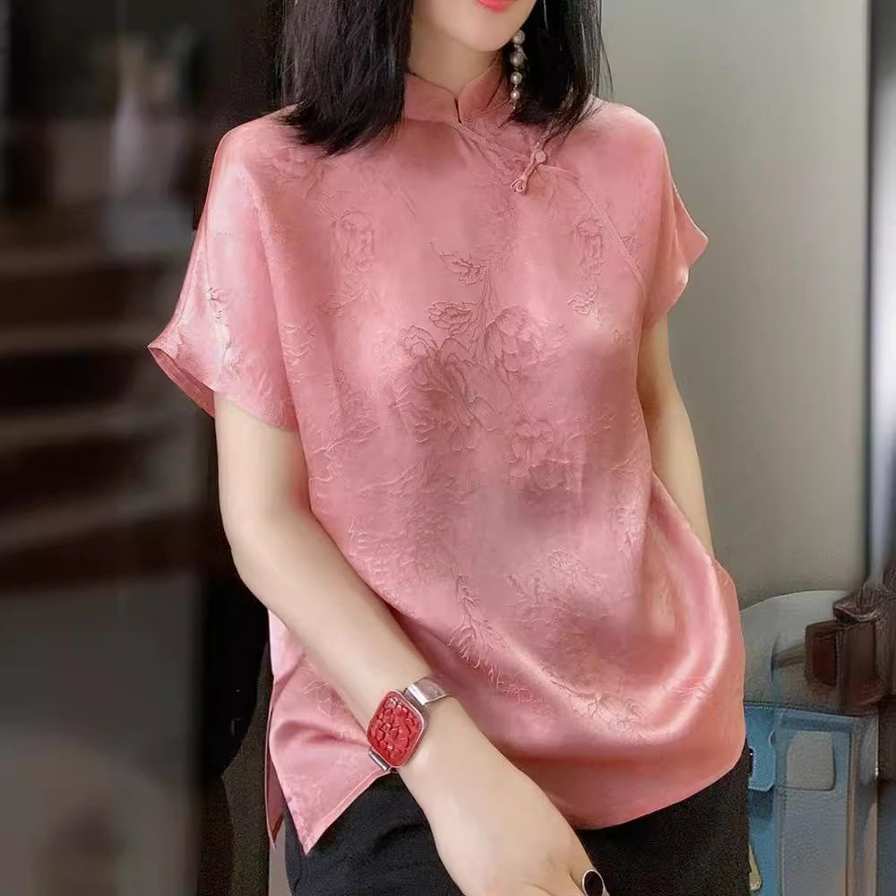 新中式盘扣国风衬衫女夏季复古新款提花短袖旗袍古风宽松遮肉上衣