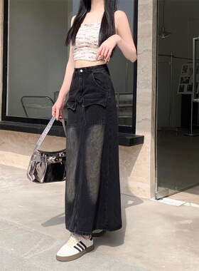 大码复古高腰后开叉牛仔半身裙女春秋2025新款a字显瘦中长款裙子