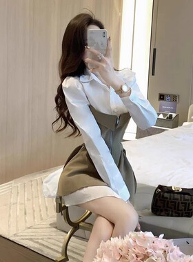 法式衬衫连衣裙女春秋2024新款设计感小众拼接收腰显瘦假两件裙子