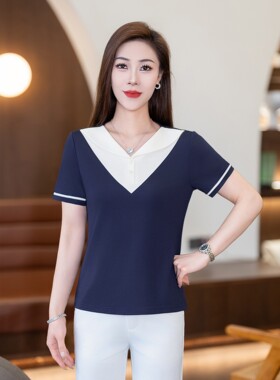 2026夏季新款撞色V领短袖T恤女罗马棉显瘦百搭洋气上衣9631