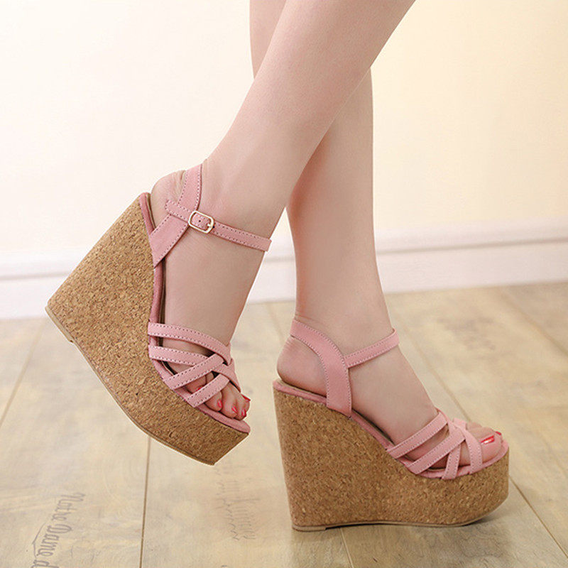 韩版时尚新款甜美露趾坡跟凉鞋女夏防水台一字扣带厚底定做大小码