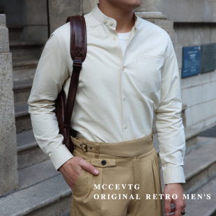 法式 福利 休闲 纯棉立领衬衫 奶油白色复古优雅上衣 男长袖 断码