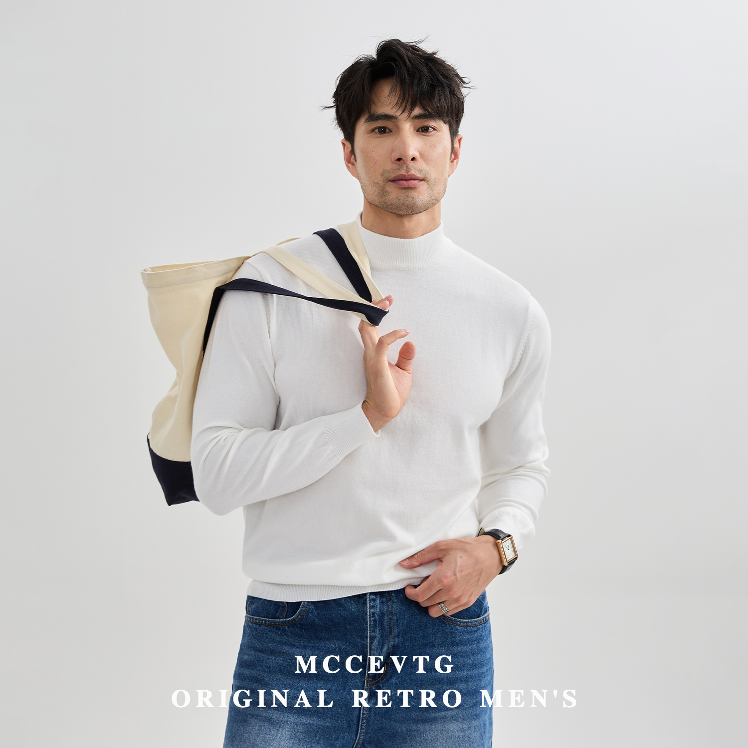 MCCEVTG羊毛混纺 半高领毛衣男纯色长袖休闲商务保暖薄款针织衫冬