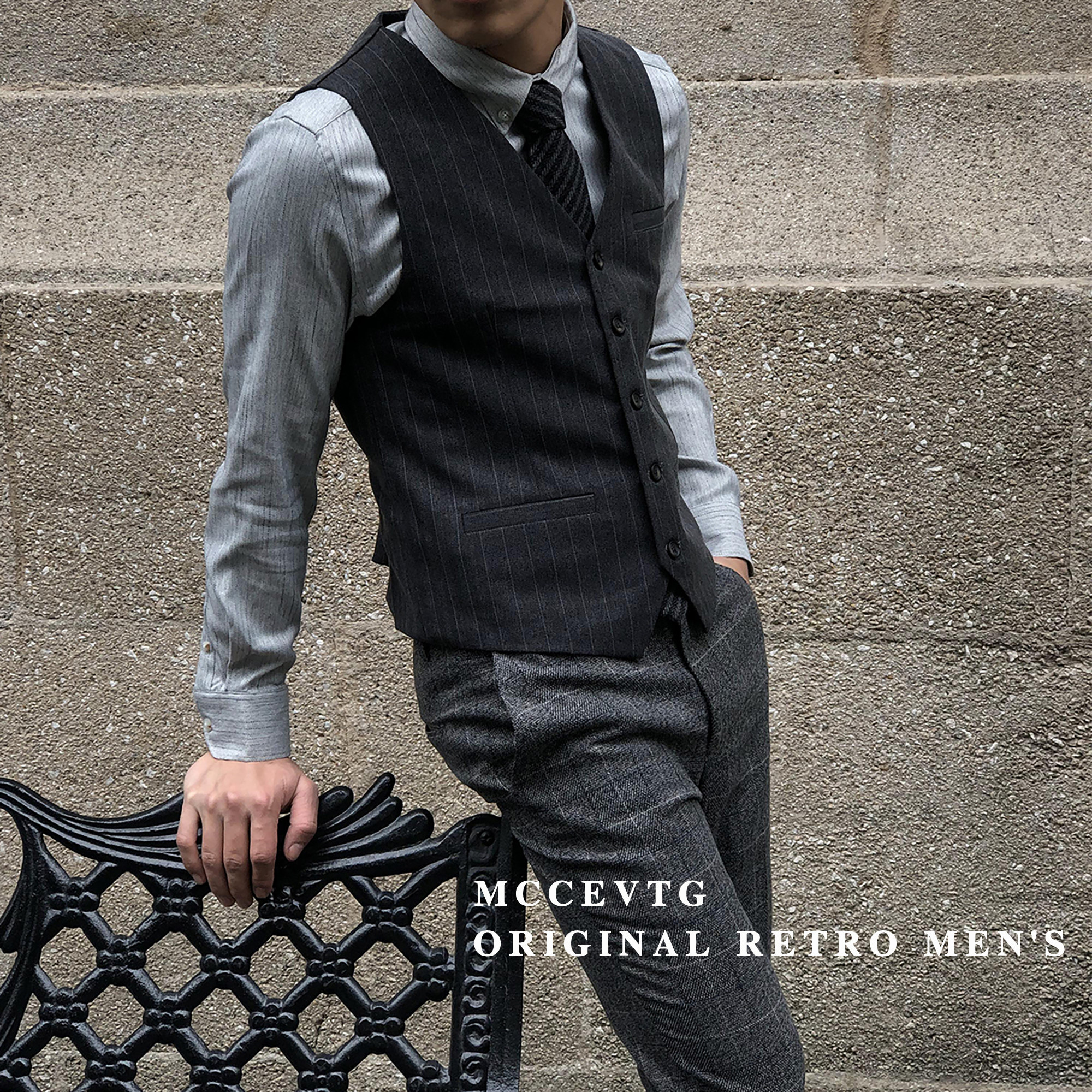 MCCEVTG RETRO BUSINESS SUIT VEST MALE YUPPIE SLIM BLACK STRIPED CASUAL CARGO VEST SHOULDER MAN