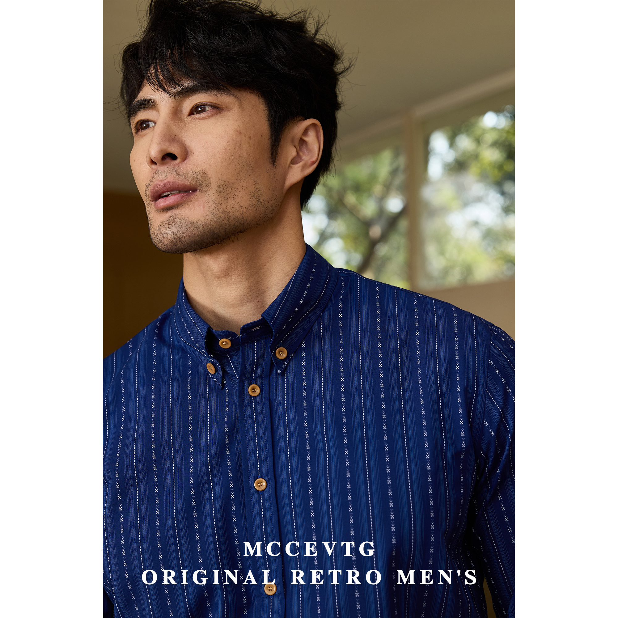MCCEVTG复古休闲条纹衬衫男蓝色
