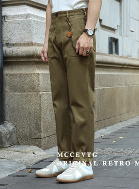 MCCEVTG 军绿色长裤男重磅加厚美式复古军事风鱼骨纹OG107工装裤