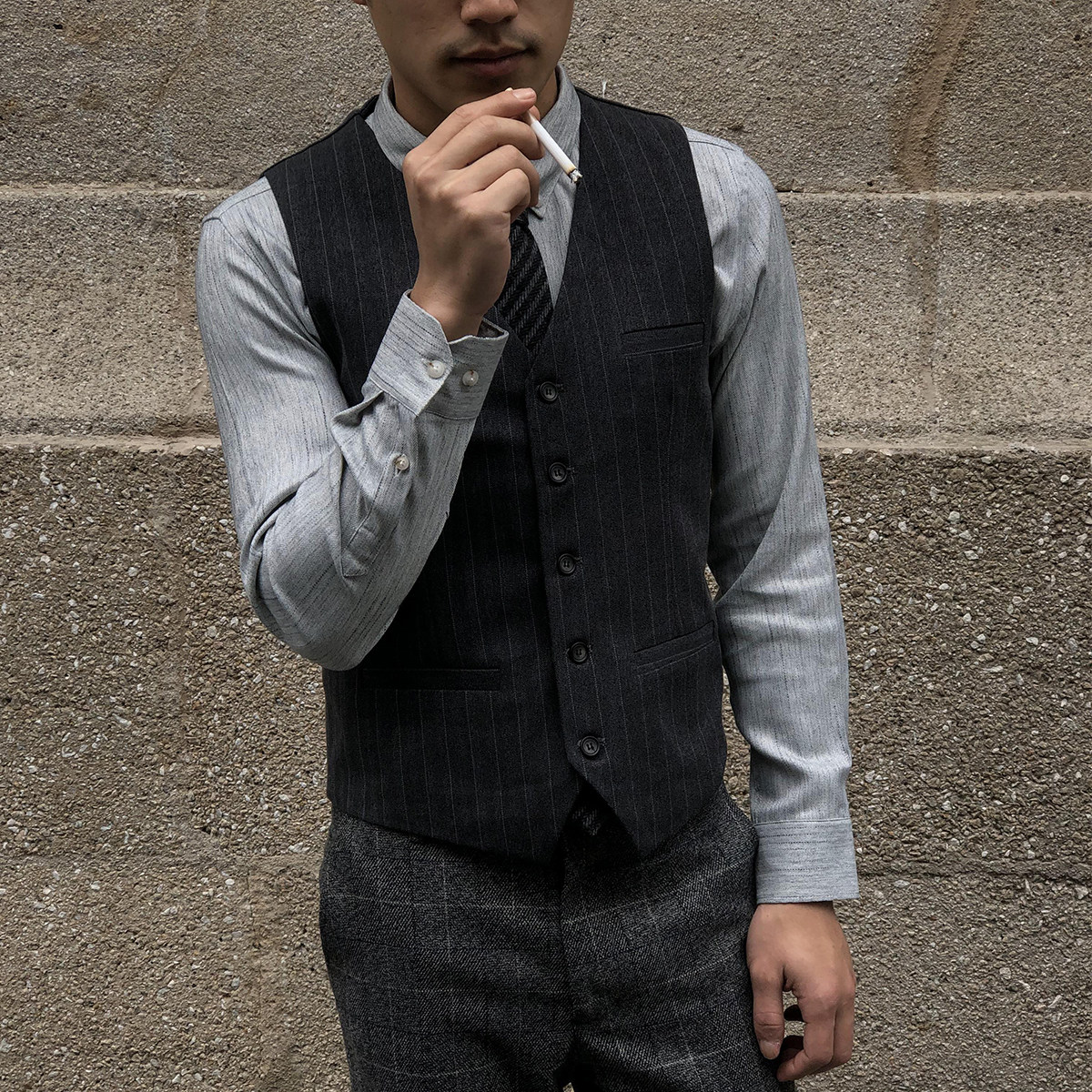 MCCEVTG RETRO BUSINESS SUIT VEST MALE YUPPIE SLIM BLACK STRIPED CASUAL CARGO VEST SHOULDER MAN