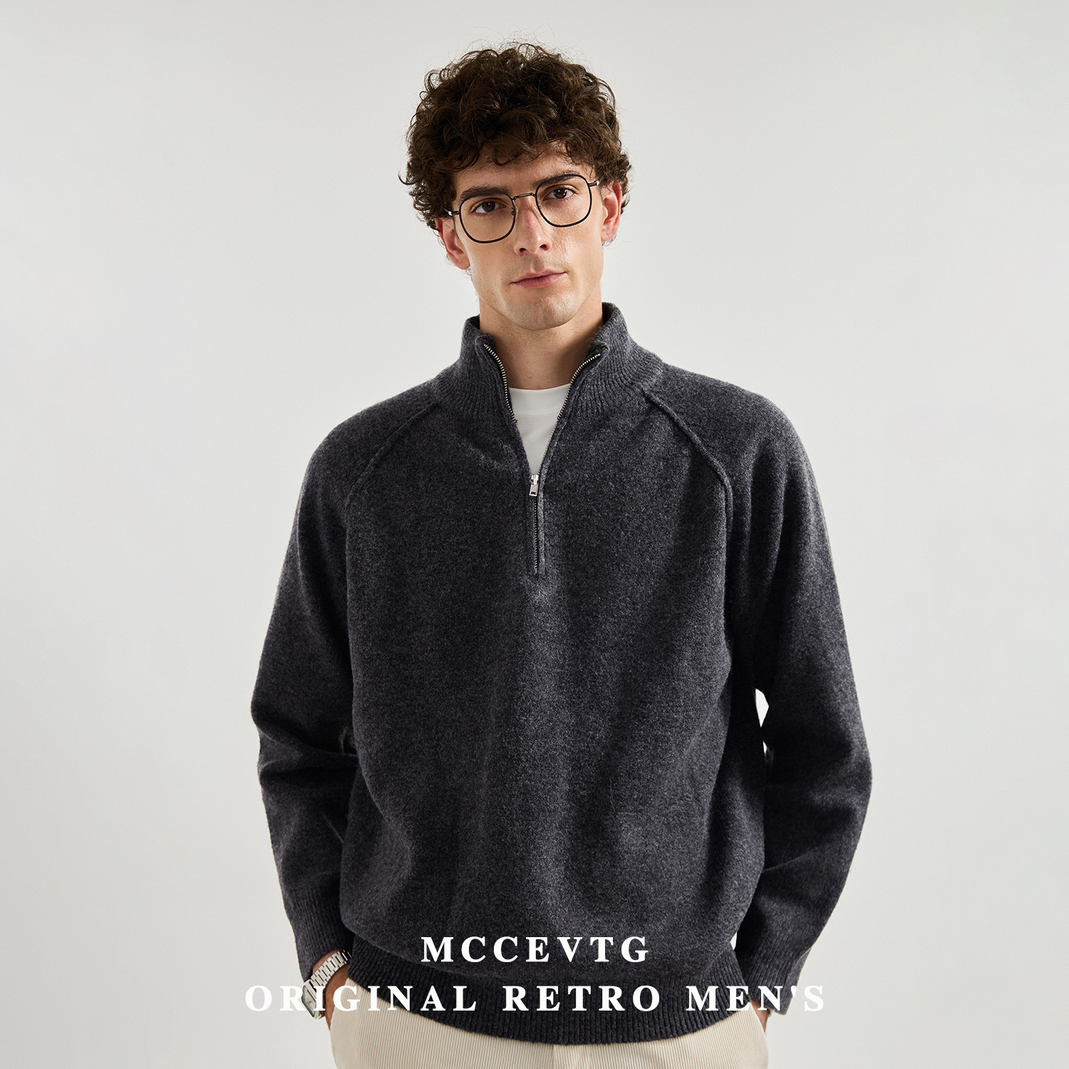 MCCEVTG意式休闲 插肩袖半拉链立领毛衣男加厚宽松慵懒针织衫冬季
