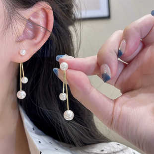 简约耳钉小众百搭长款 925银针耳饰珠珠流苏耳钉两带2024新款 爆款