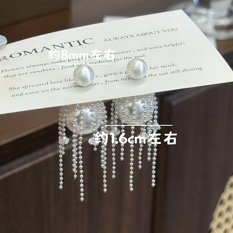 925银针大直径珍珠链条锆石流苏耳钉小众个性时尚一款两戴设计女