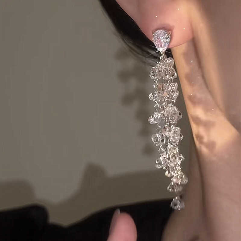 925银针长款镶钻水晶流苏耳环