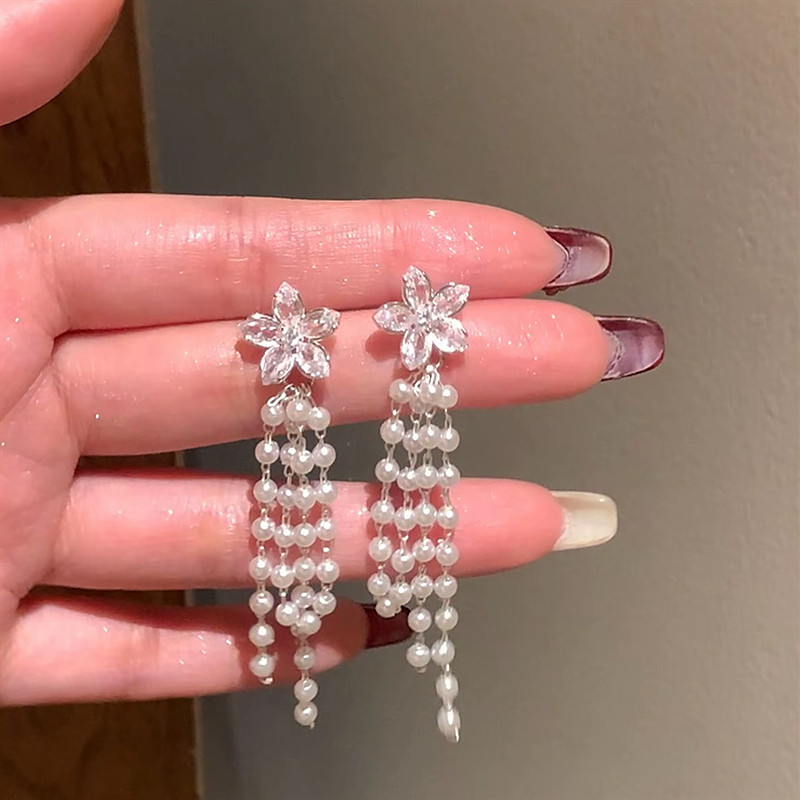 春日新款925银针清透闪锆花朵珍珠流苏耳环简约ins冷淡风耳饰女