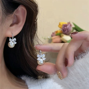 925银针锆石蝴蝶结曼塔玫瑰珍珠耳扣简约优雅气质通勤经典新中式