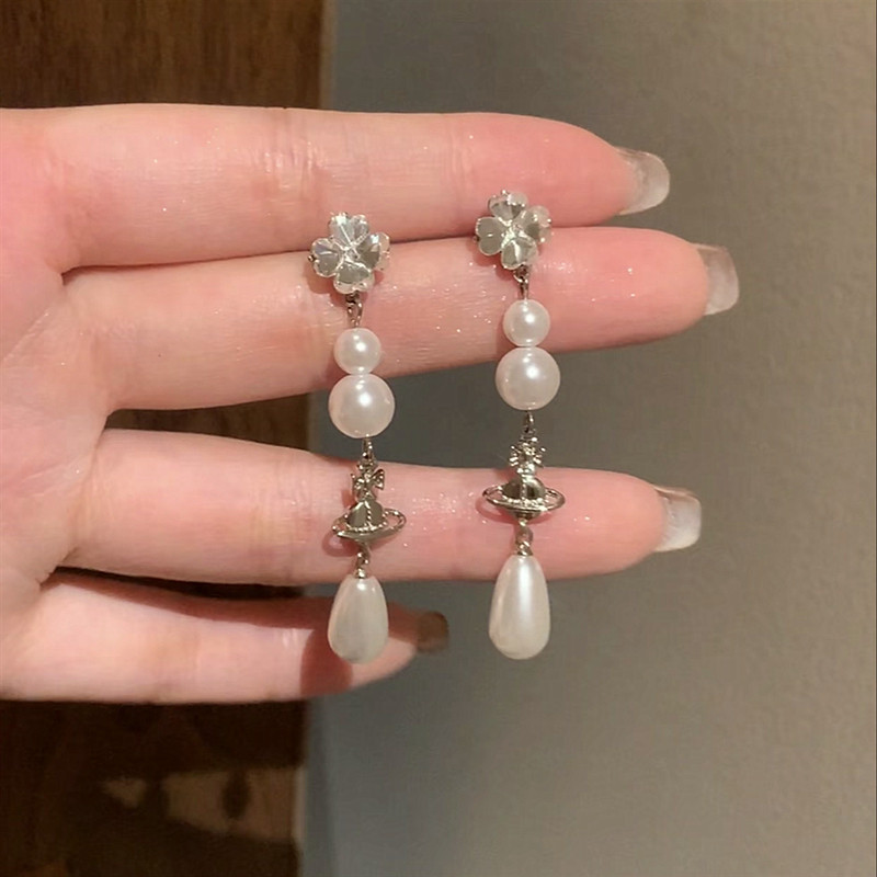 新款925银针法式气质千金风珍珠水滴花朵星球流苏耳环简约超仙女