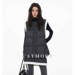 RJ/25冬新款韩系时尚拼色毛呢面料小个子加厚羽绒服马甲半裙套装