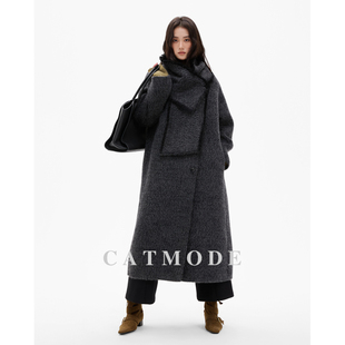 LIONCAT/冬季极简老钱风高级感围脖款羊毛双面呢外套女气质长大衣