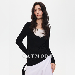 收腰显瘦假两件打底衫 领长袖 温柔风内搭 LION&CAT假两件撞色