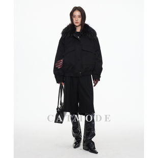 RJ/冬季新款极简风小个子时髦貉子毛领宽松短款夹克羽绒服女百搭