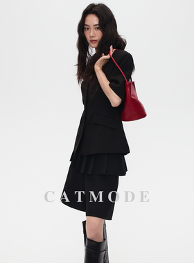 LION&CAT V 领收腰短袖西装外套女 通勤显瘦高级感黑色西装上衣