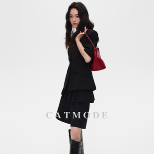 通勤显瘦高级感黑色西装 领收腰短袖 外套女 上衣 西装 LION&CAT