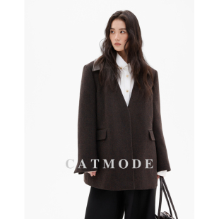 LIONCAT/秋冬高级感设计款拼接皮领西装外套女气质百搭羊毛小西服