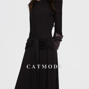 LION&CAT轻熟慵懒纯欲风气质长裙荡褶系带连衣裙女修身