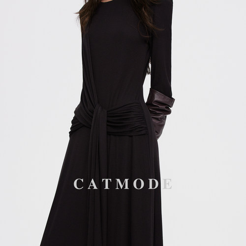 荡褶连衣裙时尚气质修身长