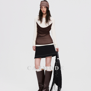 2026 长袖 修身 型 SS复古风拼色假两件拼接上衣羊毛混纺显瘦薄款