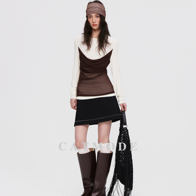 复古撞色假两件羊毛混纺两件套