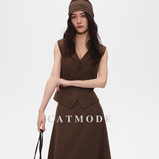 咖色复古通勤两件套 大摆长裙 LION&CAT V领收腰马甲