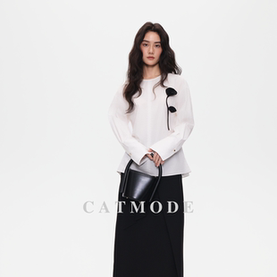 上衣 收腰显瘦设计感通勤长袖 LION&CAT立体花朵压褶白衬衫 女