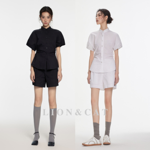 套装 时尚 女褶皱腰身泡泡袖 衬衫 两件套 LC夏季 简约休闲阔腿短裤 新款