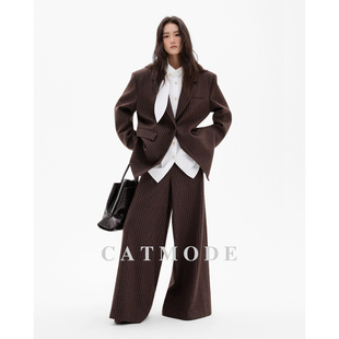 LIONCAT/秋季复古老钱风宽松阔版竖条纹西装外套+阔腿裤呢料套装